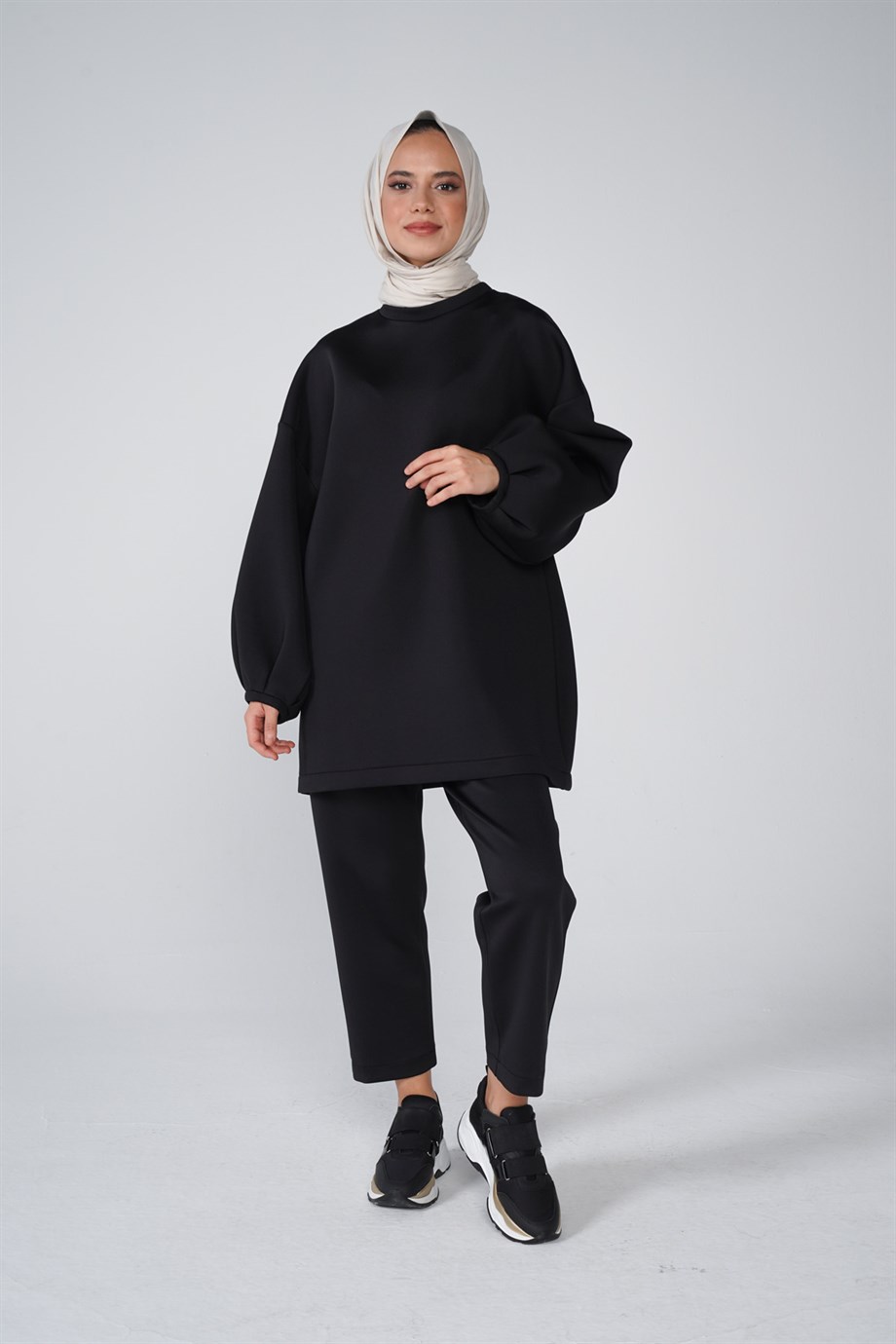 Scuba Kumaş Balon Kol Bisiklet Yaka Bubble Basic Tunik Siyah