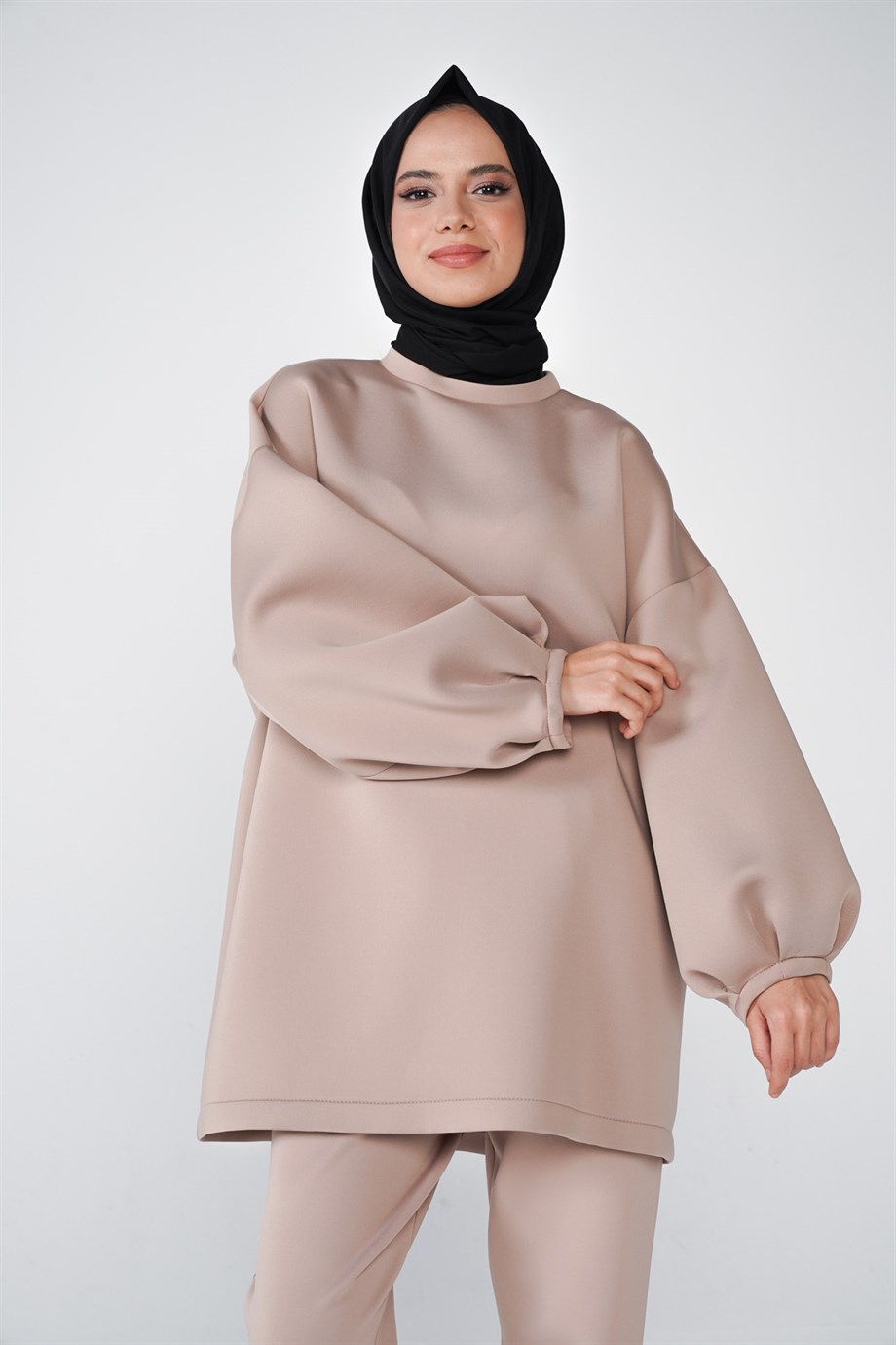 Scuba Kumaş Balon Kol Bisiklet Yaka Bubble Basic Tunik Vizon