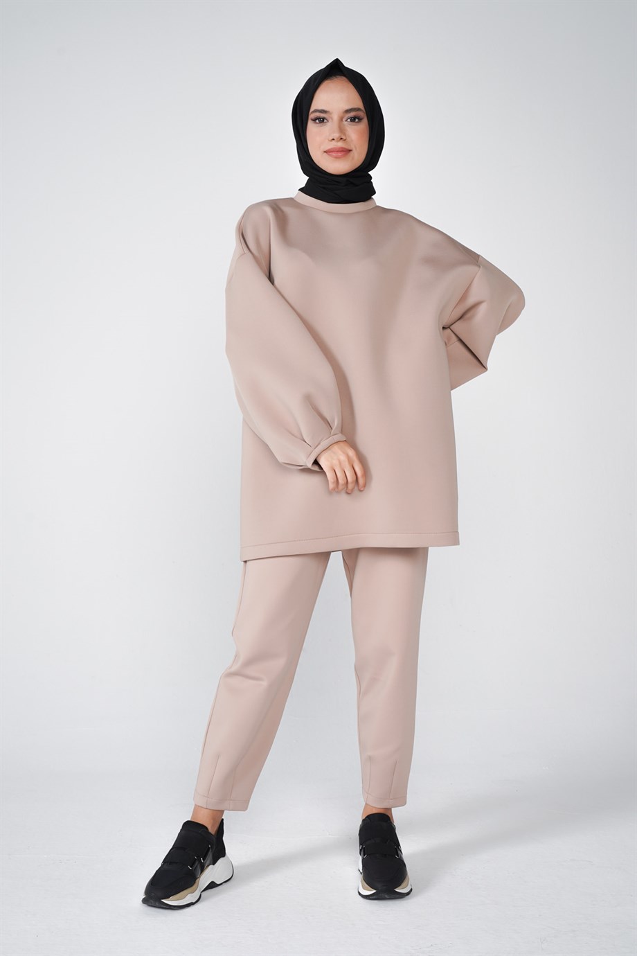 Scuba Kumaş Balon Kol Bisiklet Yaka Bubble Basic Tunik Vizon