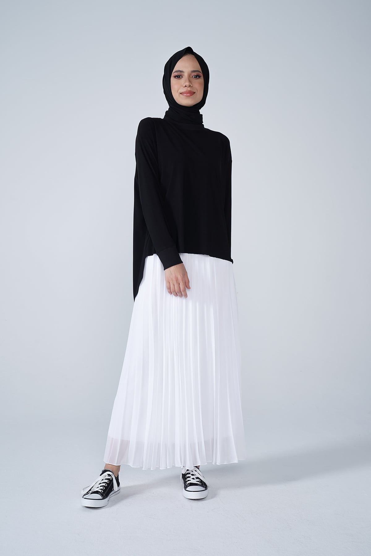 Şifon Astarlı Piliseli Etek Beyaz