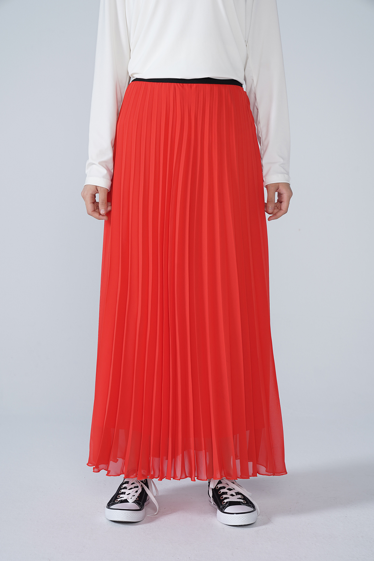 Şifon Astarlı Piliseli Etek Kırmızı