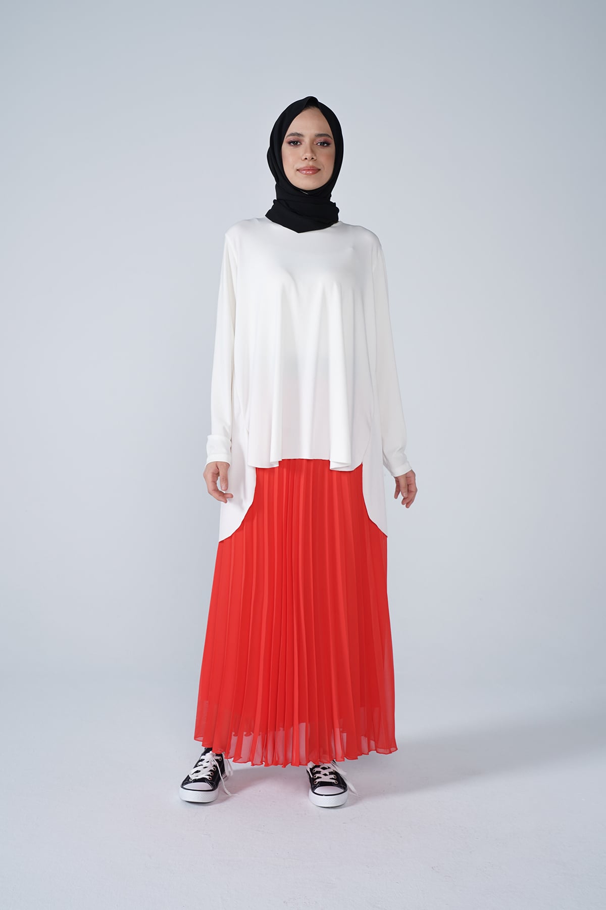 Şifon Astarlı Piliseli Etek Kırmızı