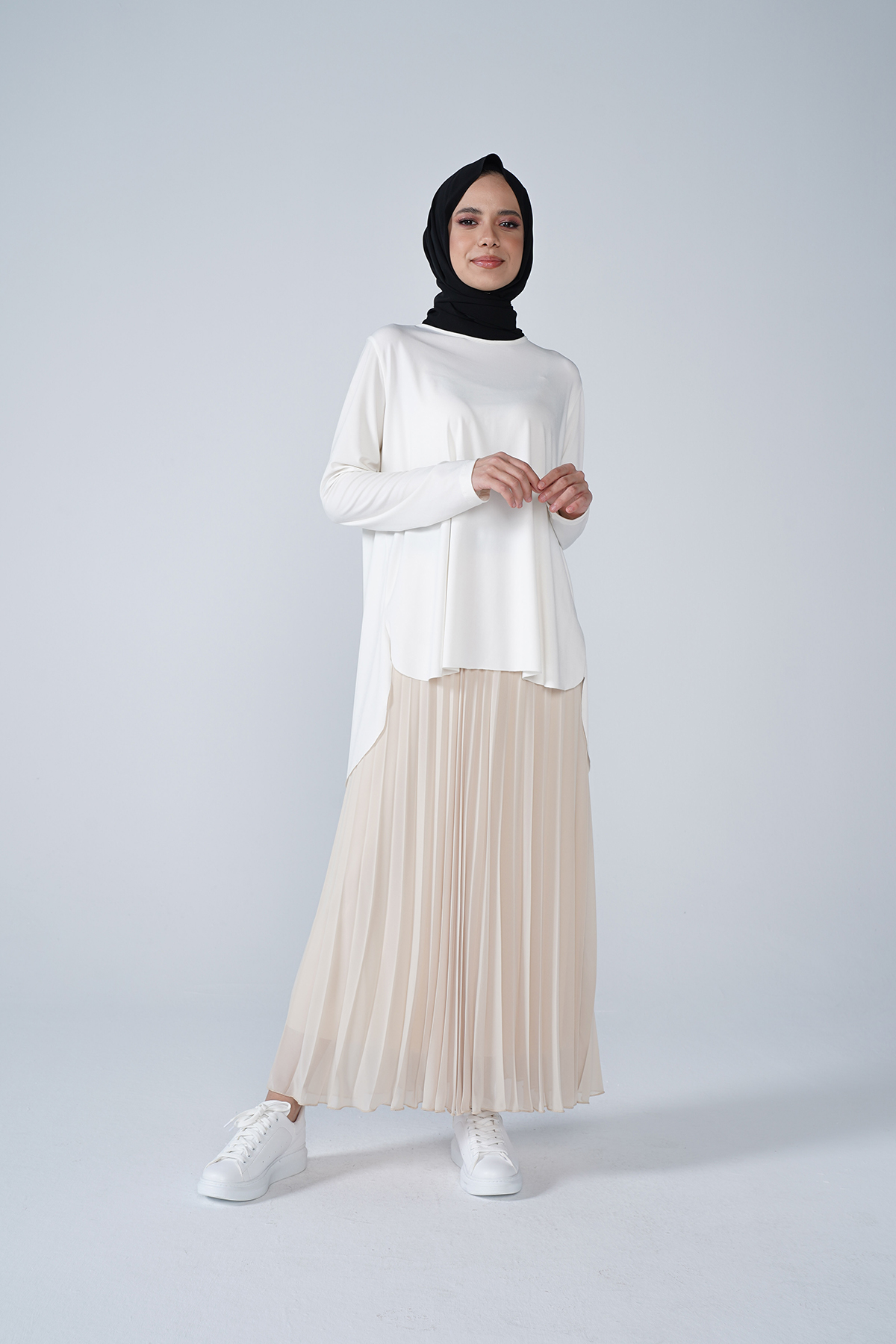 Şifon Astarlı Piliseli Etek Vizon