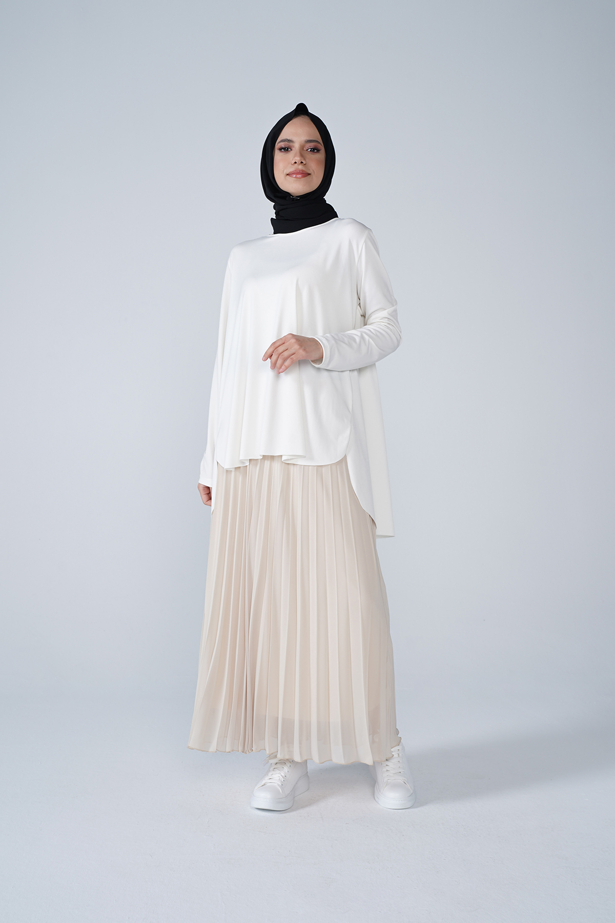 Şifon Astarlı Piliseli Etek Vizon