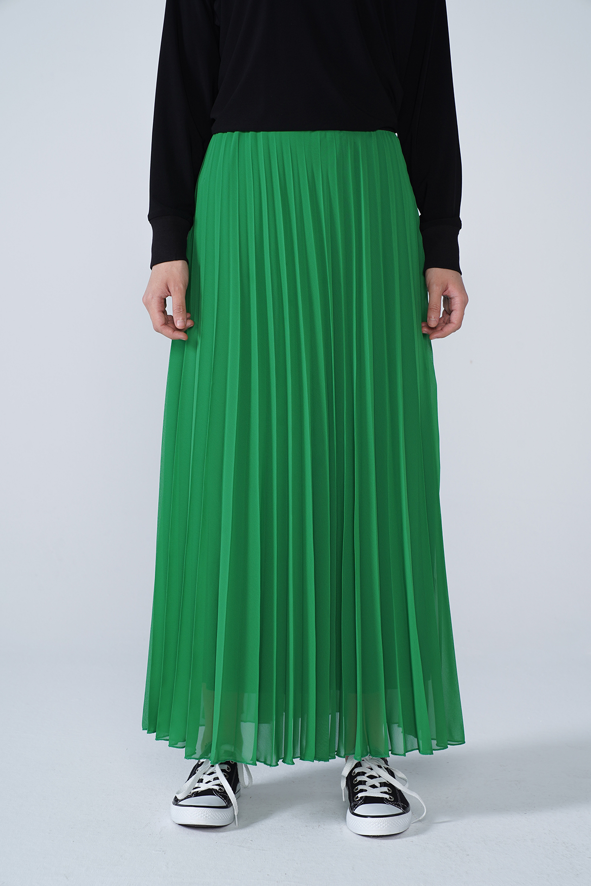 Şifon Astarlı Piliseli Etek Yeşil