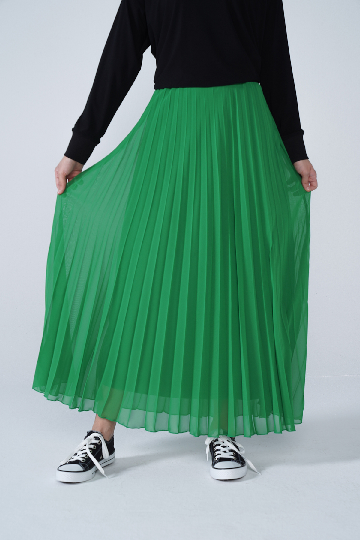 Şifon Astarlı Piliseli Etek Yeşil