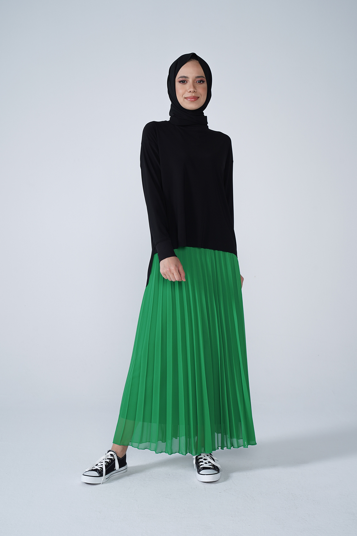 Şifon Astarlı Piliseli Etek Yeşil