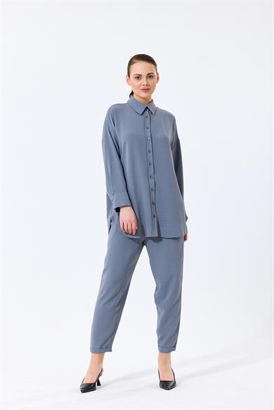 Aerobin Kumaş Gömlek Yaka Düğmeli Dar Paça Pantolon Cep Detaylı Lotus İkili Takım Gri
