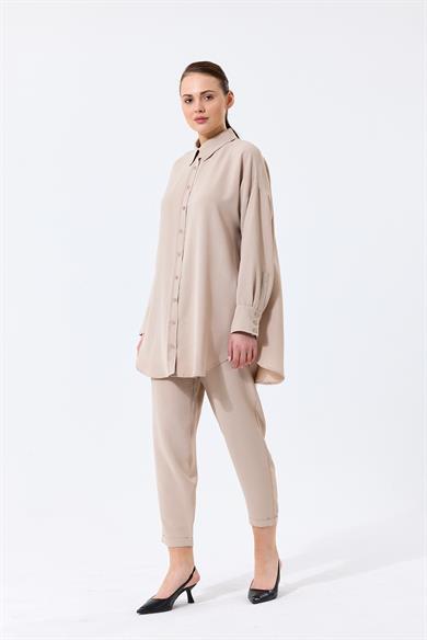 Aerobin Kumaş Gömlek Yaka Düğmeli Dar Paça Pantolon Cep Detaylı Lotus İkili Takım Bej