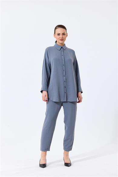 Aerobin Kumaş Gömlek Yaka Düğmeli Dar Paça Pantolon Cep Detaylı Lotus İkili Takım Gri