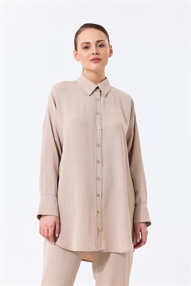 Aerobin Kumaş Gömlek Yaka Düğmeli Dar Paça Pantolon Cep Detaylı Lotus İkili Takım Bej