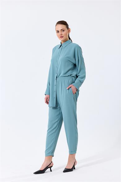 Aerobin Kumaş Gömlek Yaka Düğmeli Dar Paça Pantolon Cep Detaylı Lotus İkili Takım Mint