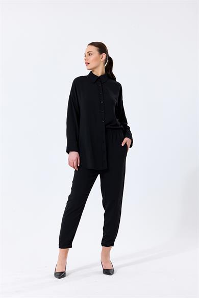 Aerobin Kumaş Gömlek Yaka Düğmeli Dar Paça Pantolon Cep Detaylı Lotus İkili Takım Siyah