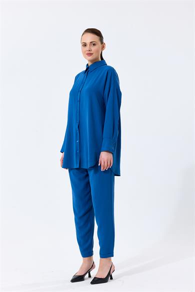 Aerobin Kumaş Gömlek Yaka Düğmeli Dar Paça Pantolon Cep Detaylı Lotus İkili Takım Mavi