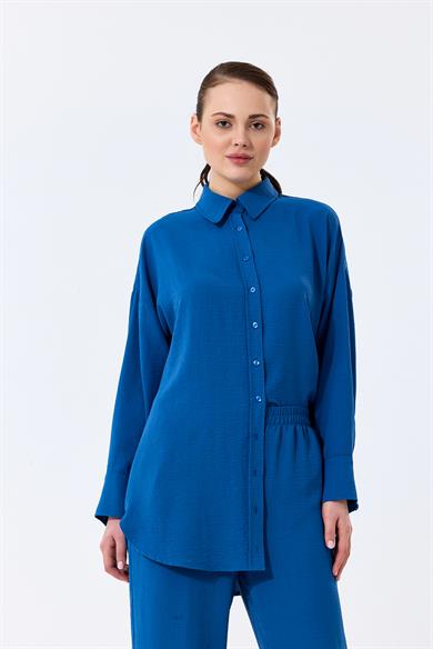 Aerobin Kumaş Gömlek Yaka Düğmeli Dar Paça Pantolon Cep Detaylı Lotus İkili Takım Mavi