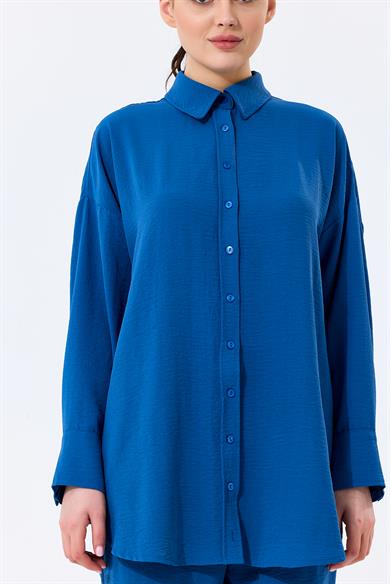 Aerobin Kumaş Gömlek Yaka Düğmeli Dar Paça Pantolon Cep Detaylı Lotus İkili Takım Mavi