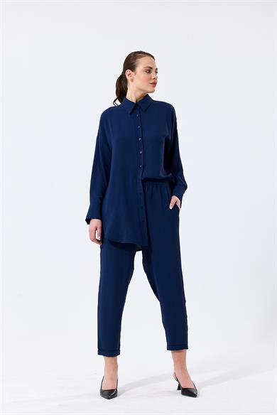 Aerobin Kumaş Gömlek Yaka Düğmeli Dar Paça Pantolon Cep Detaylı Lotus İkili Takım Lacivert