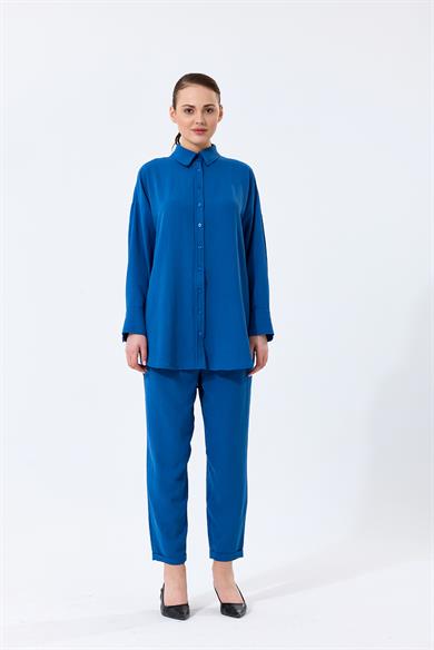 Aerobin Kumaş Gömlek Yaka Düğmeli Dar Paça Pantolon Cep Detaylı Lotus İkili Takım Mavi