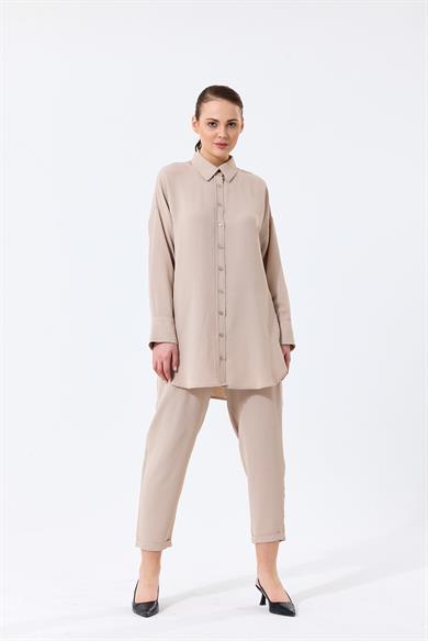 Aerobin Kumaş Gömlek Yaka Düğmeli Dar Paça Pantolon Cep Detaylı Lotus İkili Takım Bej