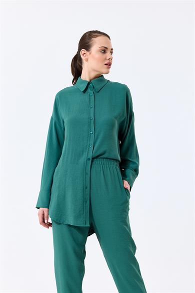 Aerobin Kumaş Gömlek Yaka Düğmeli Dar Paça Pantolon Cep Detaylı Lotus İkili Takım Yeşil