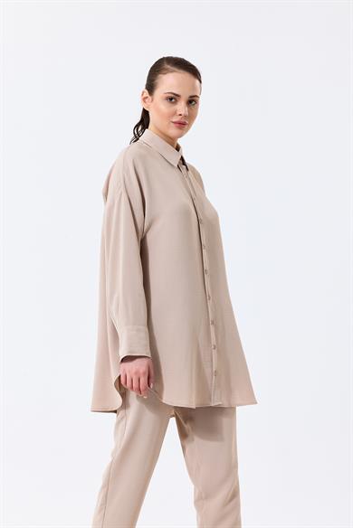 Aerobin Kumaş Gömlek Yaka Düğmeli Dar Paça Pantolon Cep Detaylı Lotus İkili Takım Bej
