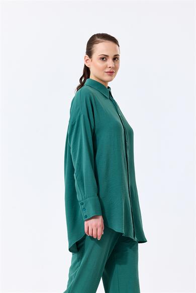 Aerobin Kumaş Gömlek Yaka Düğmeli Dar Paça Pantolon Cep Detaylı Lotus İkili Takım Yeşil