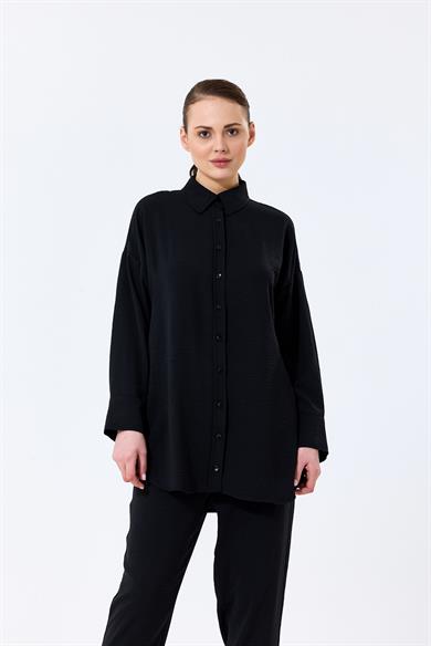 Aerobin Kumaş Gömlek Yaka Düğmeli Dar Paça Pantolon Cep Detaylı Lotus İkili Takım Siyah