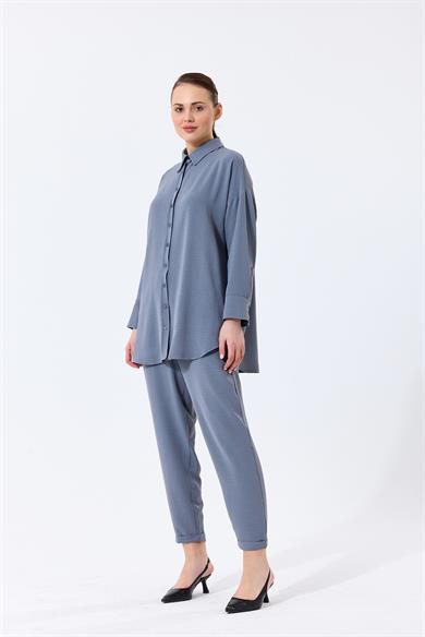 Aerobin Kumaş Gömlek Yaka Düğmeli Dar Paça Pantolon Cep Detaylı Lotus İkili Takım Gri