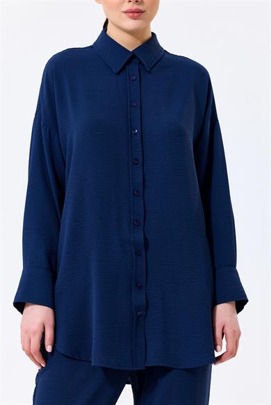 Aerobin Kumaş Gömlek Yaka Düğmeli Dar Paça Pantolon Cep Detaylı Lotus İkili Takım Lacivert