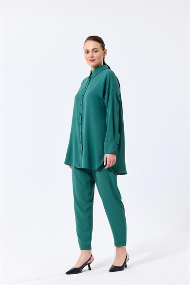 Aerobin Kumaş Gömlek Yaka Düğmeli Dar Paça Pantolon Cep Detaylı Lotus İkili Takım Yeşil