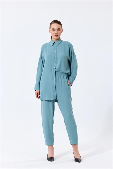 Aerobin Kumaş Gömlek Yaka Düğmeli Dar Paça Pantolon Cep Detaylı Lotus İkili Takım Mint
