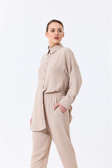 Aerobin Kumaş Gömlek Yaka Düğmeli Dar Paça Pantolon Cep Detaylı Lotus İkili Takım Bej