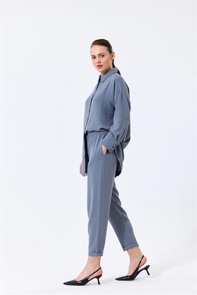 Aerobin Kumaş Gömlek Yaka Düğmeli Dar Paça Pantolon Cep Detaylı Lotus İkili Takım Gri