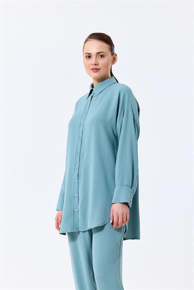 Aerobin Kumaş Gömlek Yaka Düğmeli Dar Paça Pantolon Cep Detaylı Lotus İkili Takım Mint