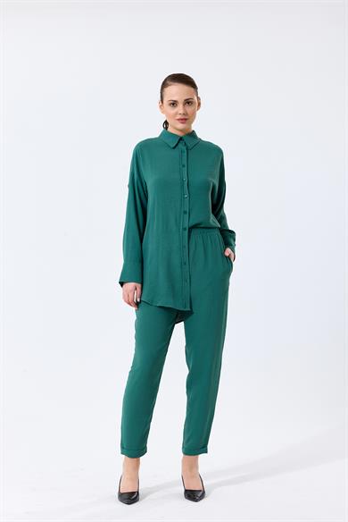 Aerobin Kumaş Gömlek Yaka Düğmeli Dar Paça Pantolon Cep Detaylı Lotus İkili Takım Yeşil