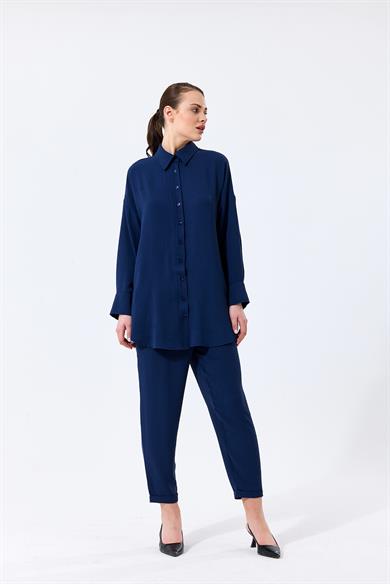 Aerobin Kumaş Gömlek Yaka Düğmeli Dar Paça Pantolon Cep Detaylı Lotus İkili Takım Lacivert