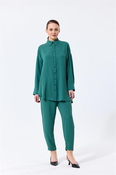 Aerobin Kumaş Gömlek Yaka Düğmeli Dar Paça Pantolon Cep Detaylı Lotus İkili Takım Yeşil