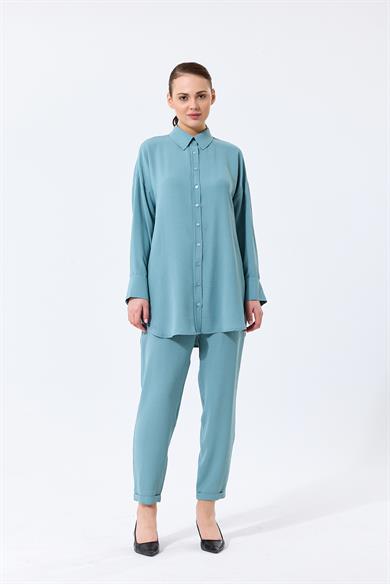 Aerobin Kumaş Gömlek Yaka Düğmeli Dar Paça Pantolon Cep Detaylı Lotus İkili Takım Mint