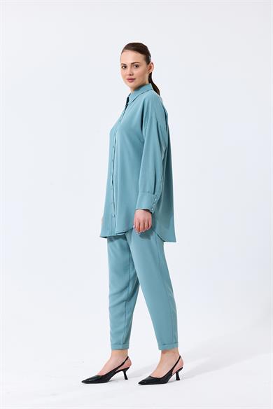Aerobin Kumaş Gömlek Yaka Düğmeli Dar Paça Pantolon Cep Detaylı Lotus İkili Takım Mint