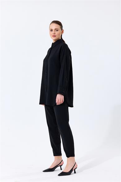 Aerobin Kumaş Gömlek Yaka Düğmeli Dar Paça Pantolon Cep Detaylı Lotus İkili Takım Siyah