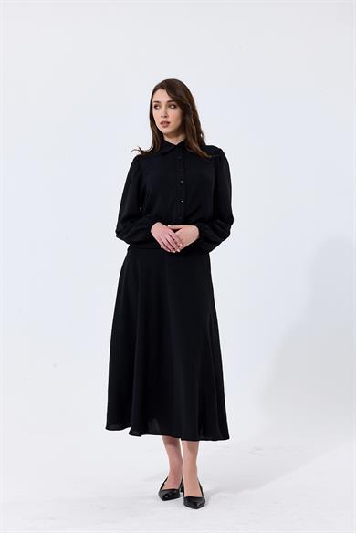 Aerobin Kumaş Gömlek Yaka Düğmeli Merit Etekli İkili Takım Siyah