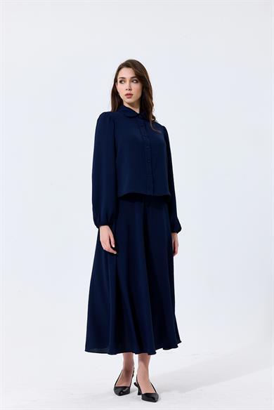 Aerobin Kumaş Gömlek Yaka Düğmeli Merit Etekli İkili Takım Lacivert