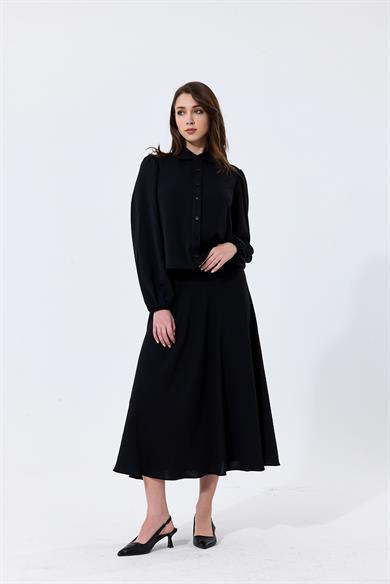 Aerobin Kumaş Gömlek Yaka Düğmeli Merit Etekli İkili Takım Siyah