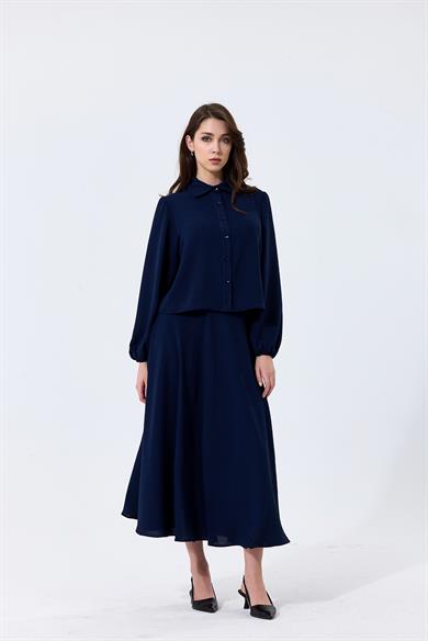 Aerobin Kumaş Gömlek Yaka Düğmeli Merit Etekli İkili Takım Lacivert