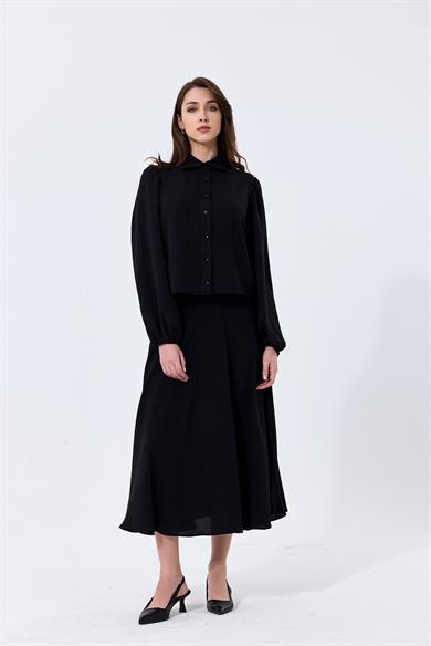 Aerobin Kumaş Gömlek Yaka Düğmeli Merit Etekli İkili Takım Siyah