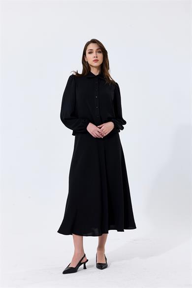 Aerobin Kumaş Gömlek Yaka Düğmeli Merit Etekli İkili Takım Siyah