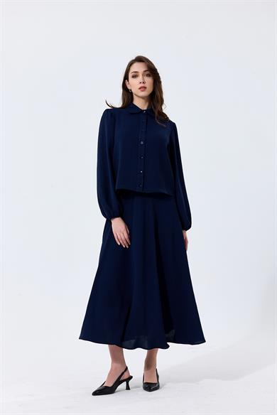 Aerobin Kumaş Gömlek Yaka Düğmeli Merit Etekli İkili Takım Lacivert