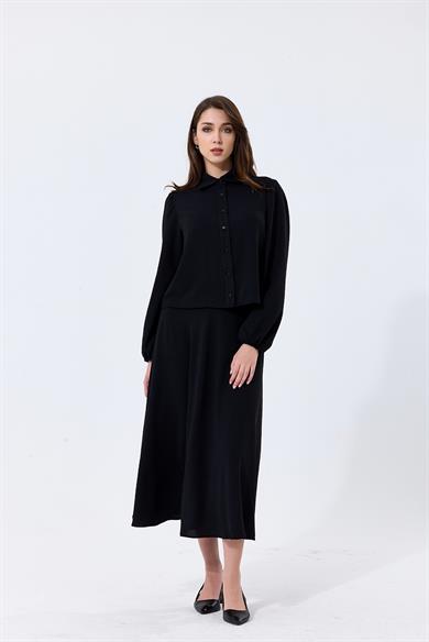 Aerobin Kumaş Gömlek Yaka Düğmeli Merit Etekli İkili Takım Siyah