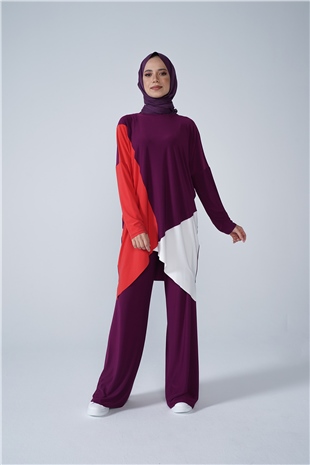 Asimetrik Kesim Garnili Sandy İkili Takım Mor