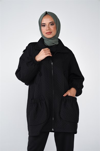 Bella Kapitone Kumaş Fermuar Ve Cep Detaylı Ceket Siyah